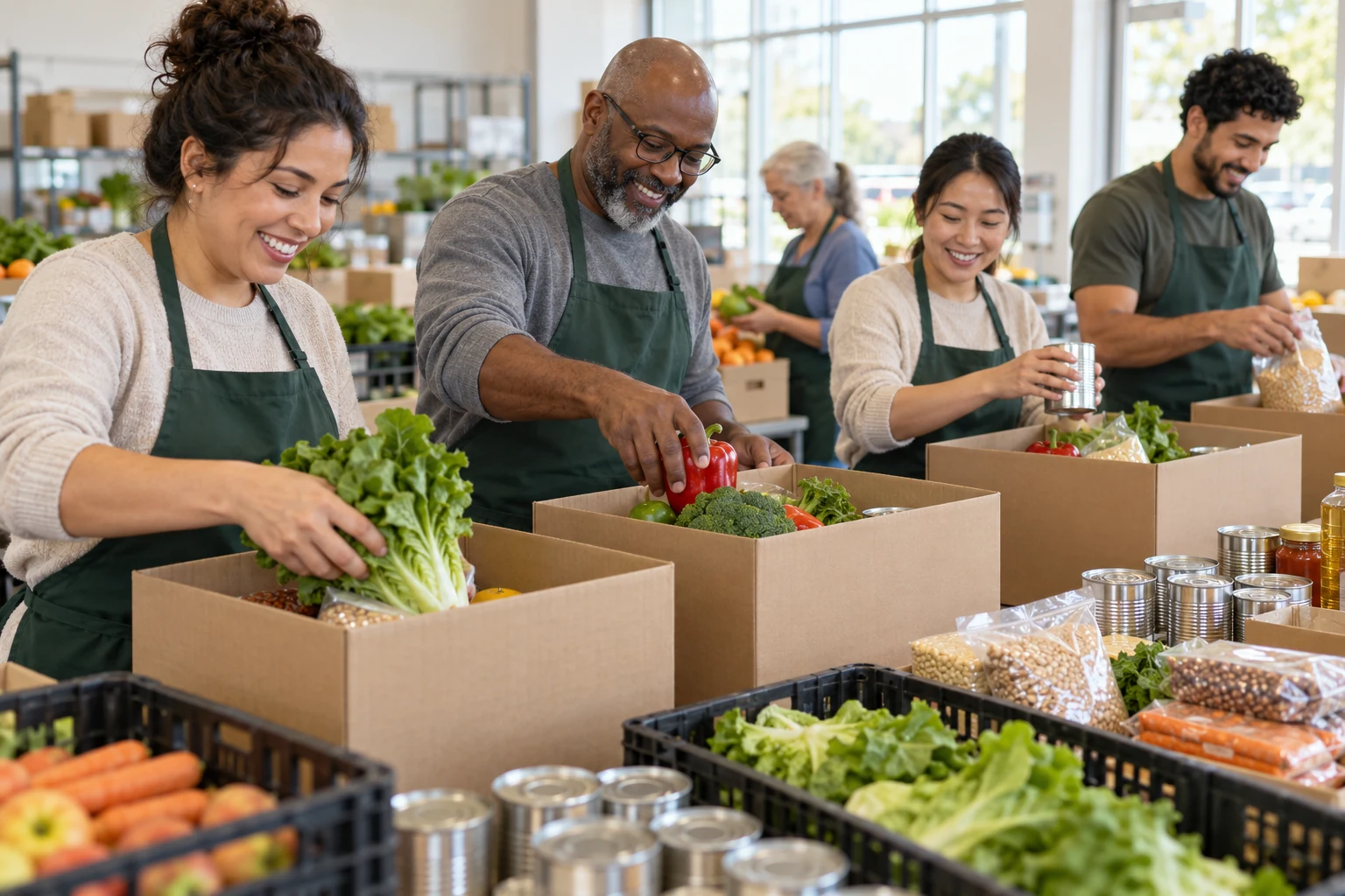 Volunteers packing fresh food for community distribution