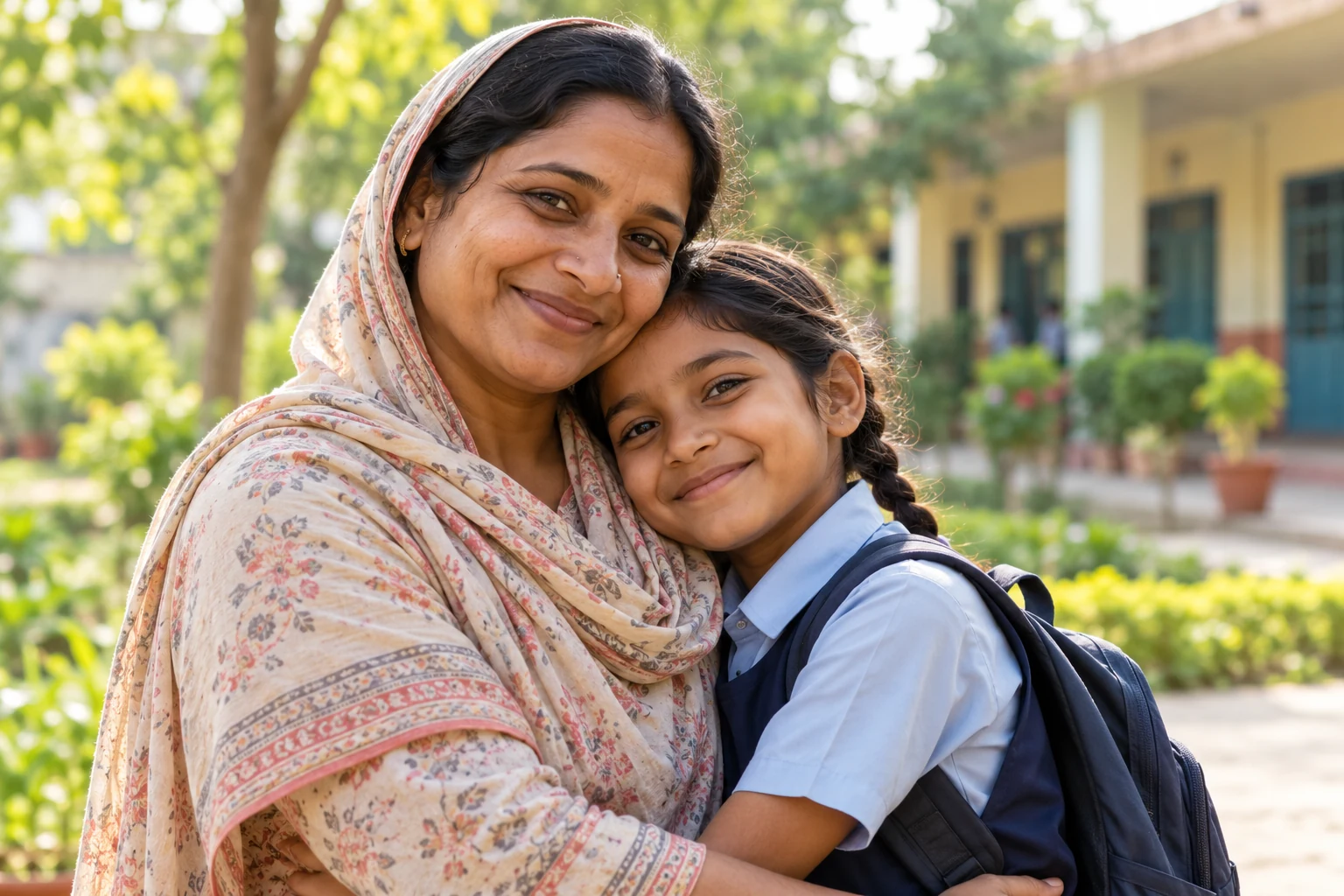 A mother and daughter embracing outside a learning center