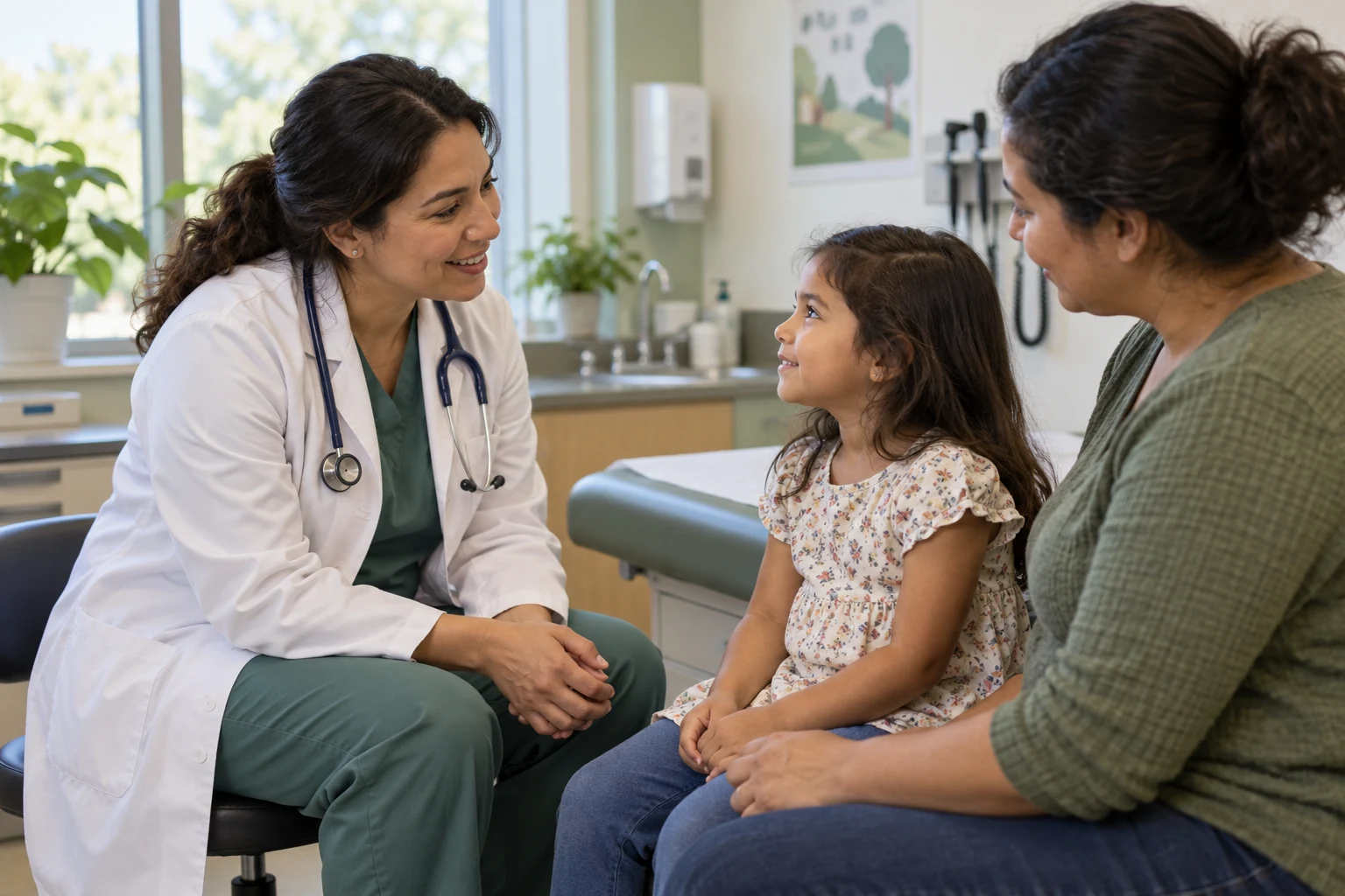 A physician meeting with a mother and daughter