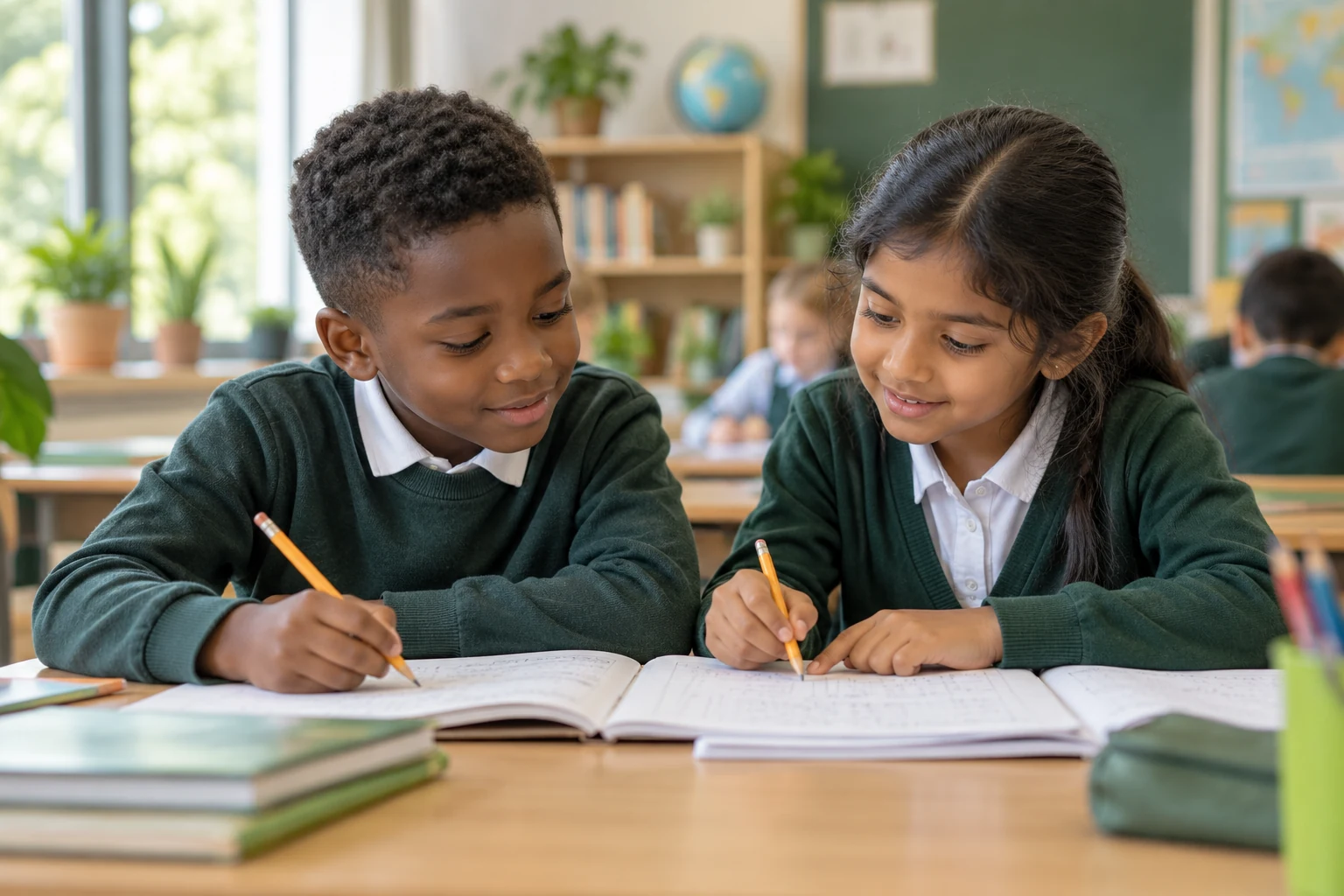 Two children learning together at a classroom desk